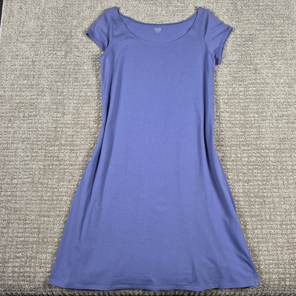 Eileen Fisher Dress Womens M Blue Violet Organic Cotton Stretch Jersey Knee Midi